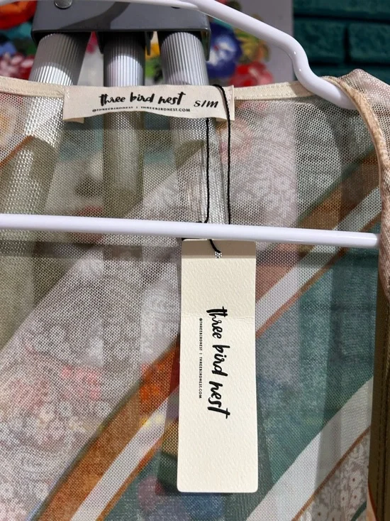 Three Bird Nest Olive Multi Chevron Kimono Cardigan semi sheer ruffled NWT s/m - Picture 3 of 10